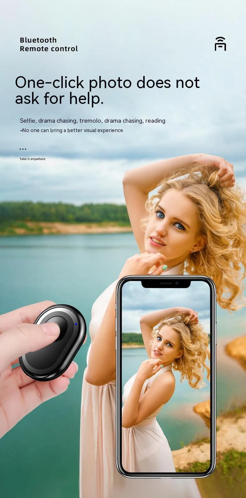 Wireless Bluetooth remote control for smartphone photography in black, pink, and purple colour options