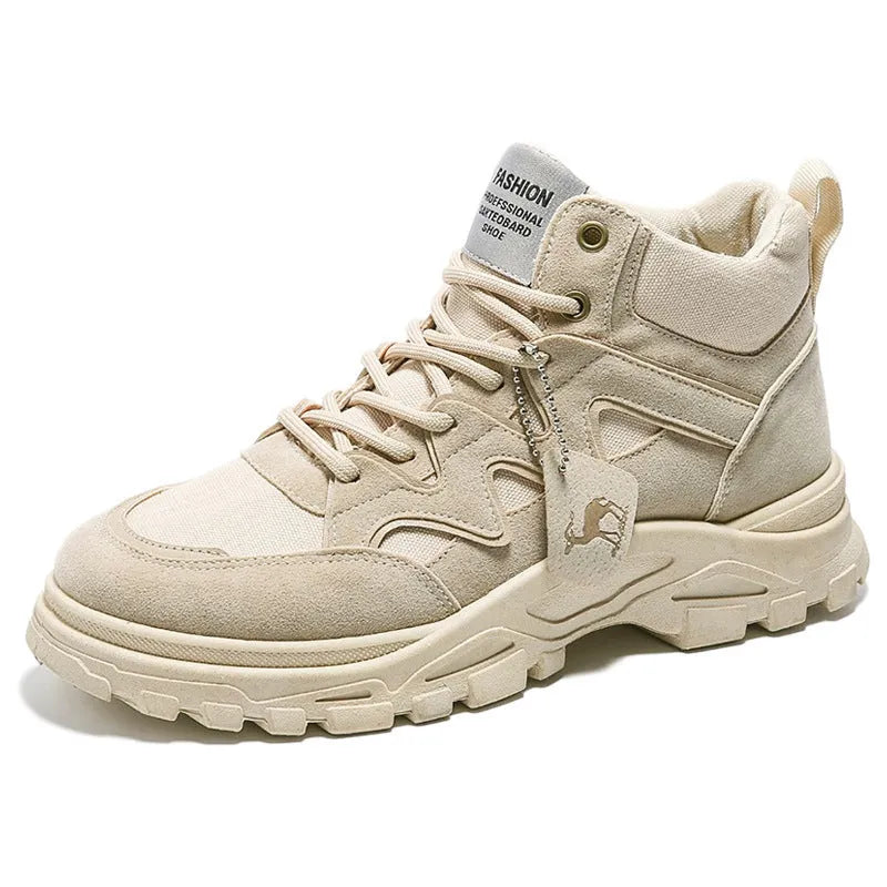 Men's thick sole high-top casual shoes with mid heel, round toe, front lace-up, in black solid colour