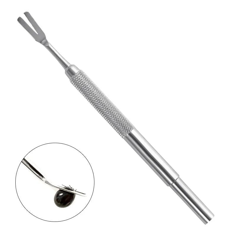 Silver stainless steel tick removal tool with fine precision tips for pets