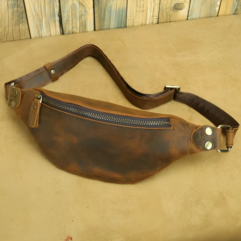 Men's retro Crazy Horse leather crossbody chest bag in first layer cowhide with sewing thread detailing, solid colour design