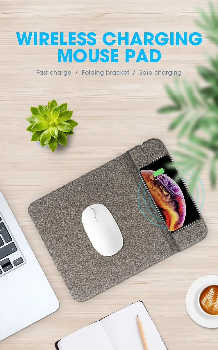 Foldable fabric phone holder stand with integrated wireless charging pad.