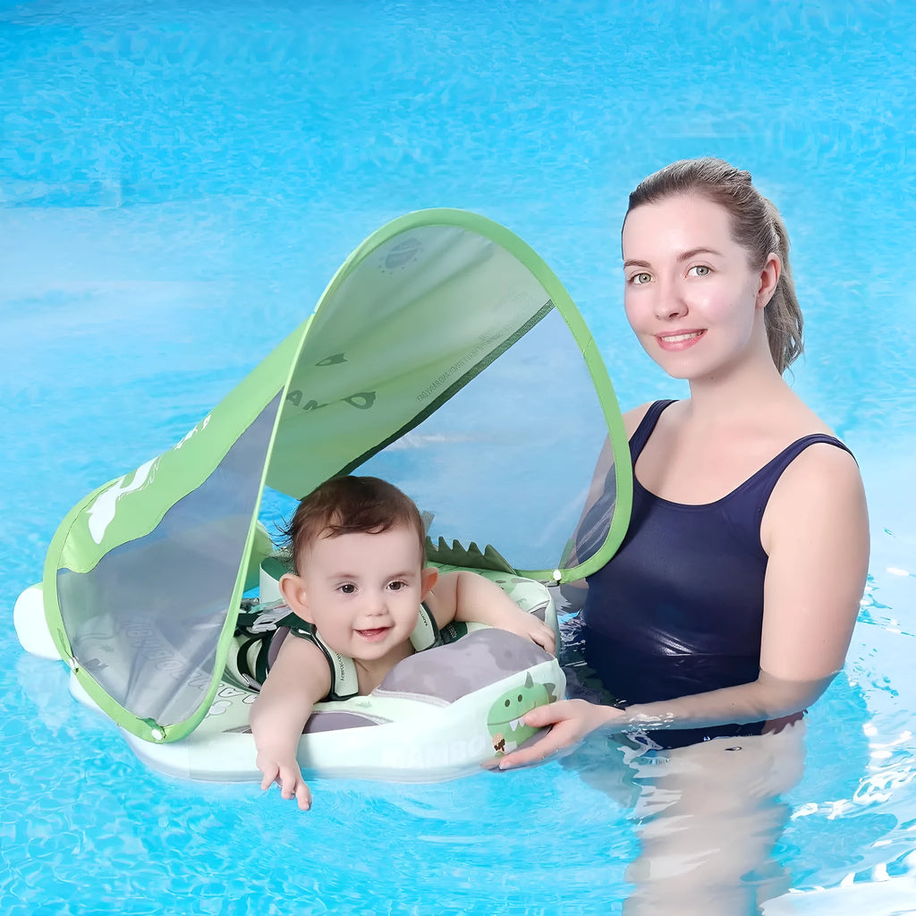 Green avocado dinosaur pattern baby swimming ring with sun shade inflated for water use