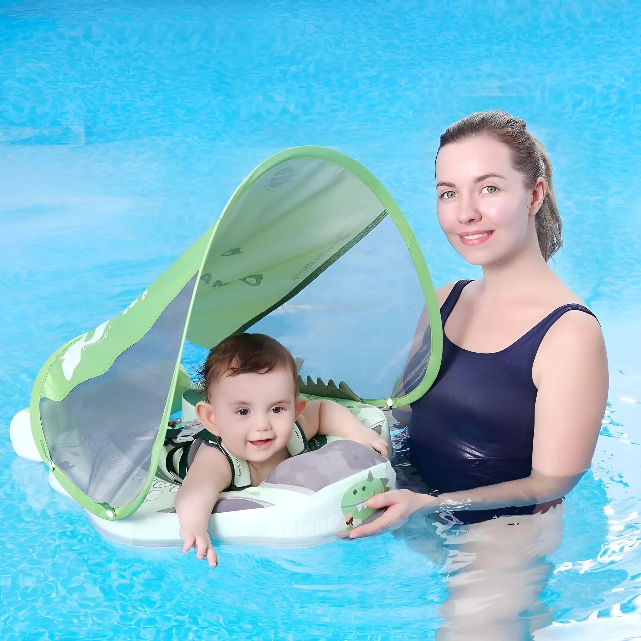 Green avocado dinosaur pattern baby swimming ring with sun shade inflated for water use