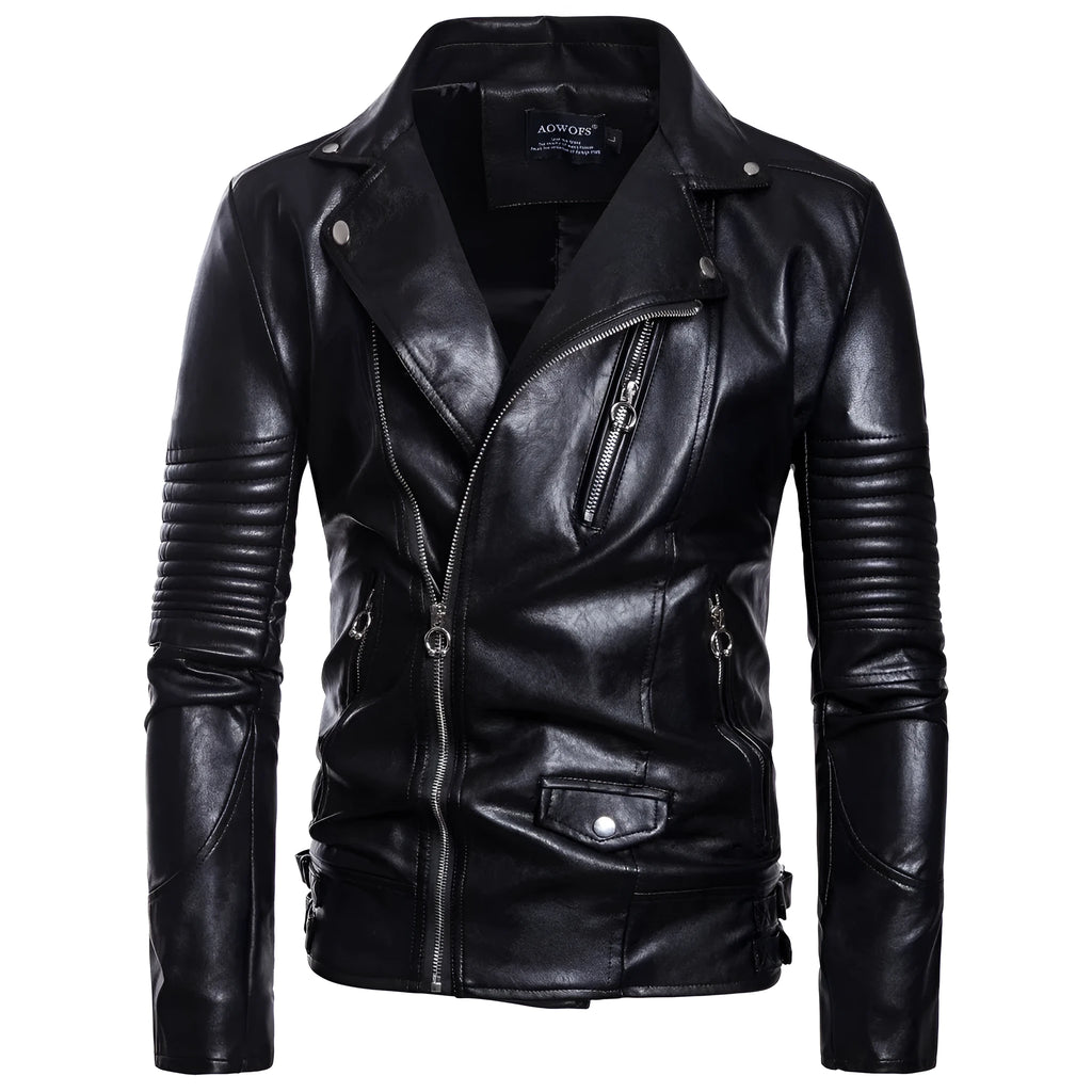 Men's black sheepskin leather jacket with suit collar and zip front, fitted style, sizes XXL to 5XL