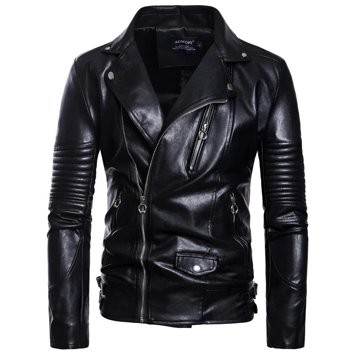 Men's black sheepskin leather jacket with suit collar and zip front, fitted style, sizes XXL to 5XL