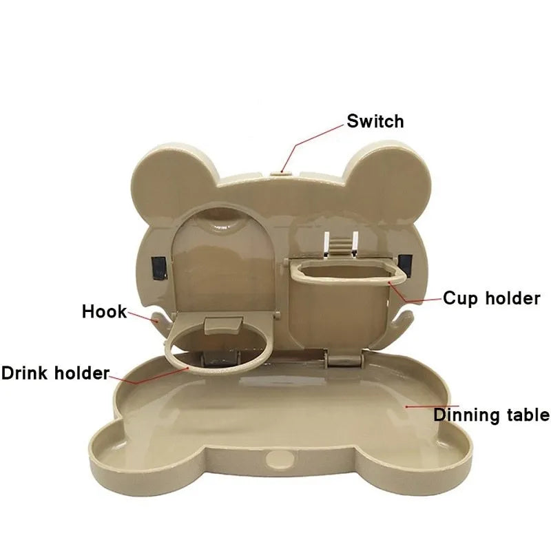 Child car seat table tray in white PP with side hooks, 20 by 23.5 cm, for drinks and snacks