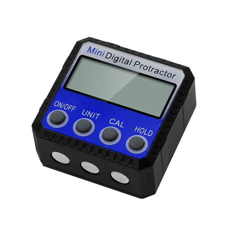 Blue digital inclinometer with magnetic base and multi-angle flip display on a metal surface