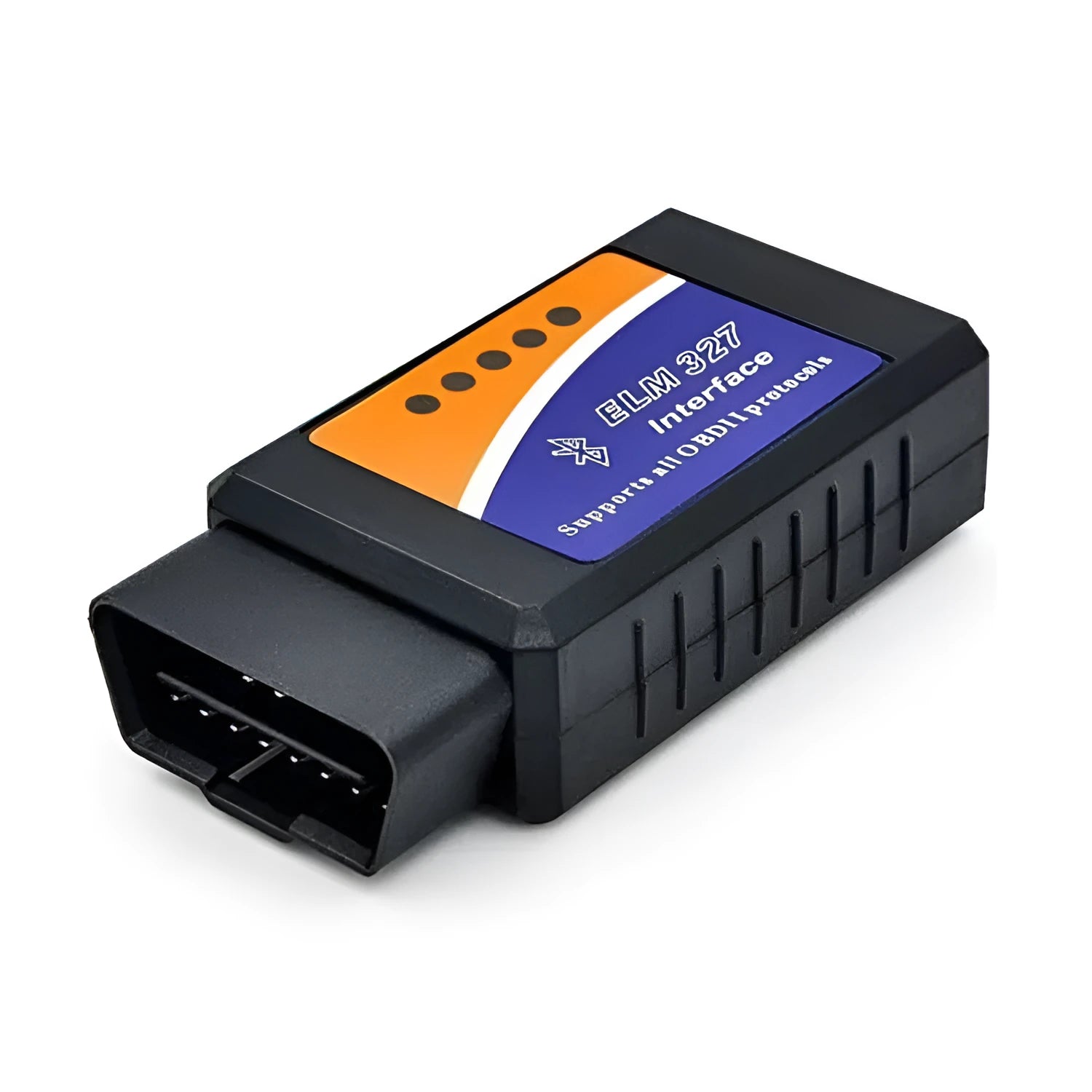 Small black ELM327 Bluetooth OBD2 diagnostic scanner plugged into a car's port.