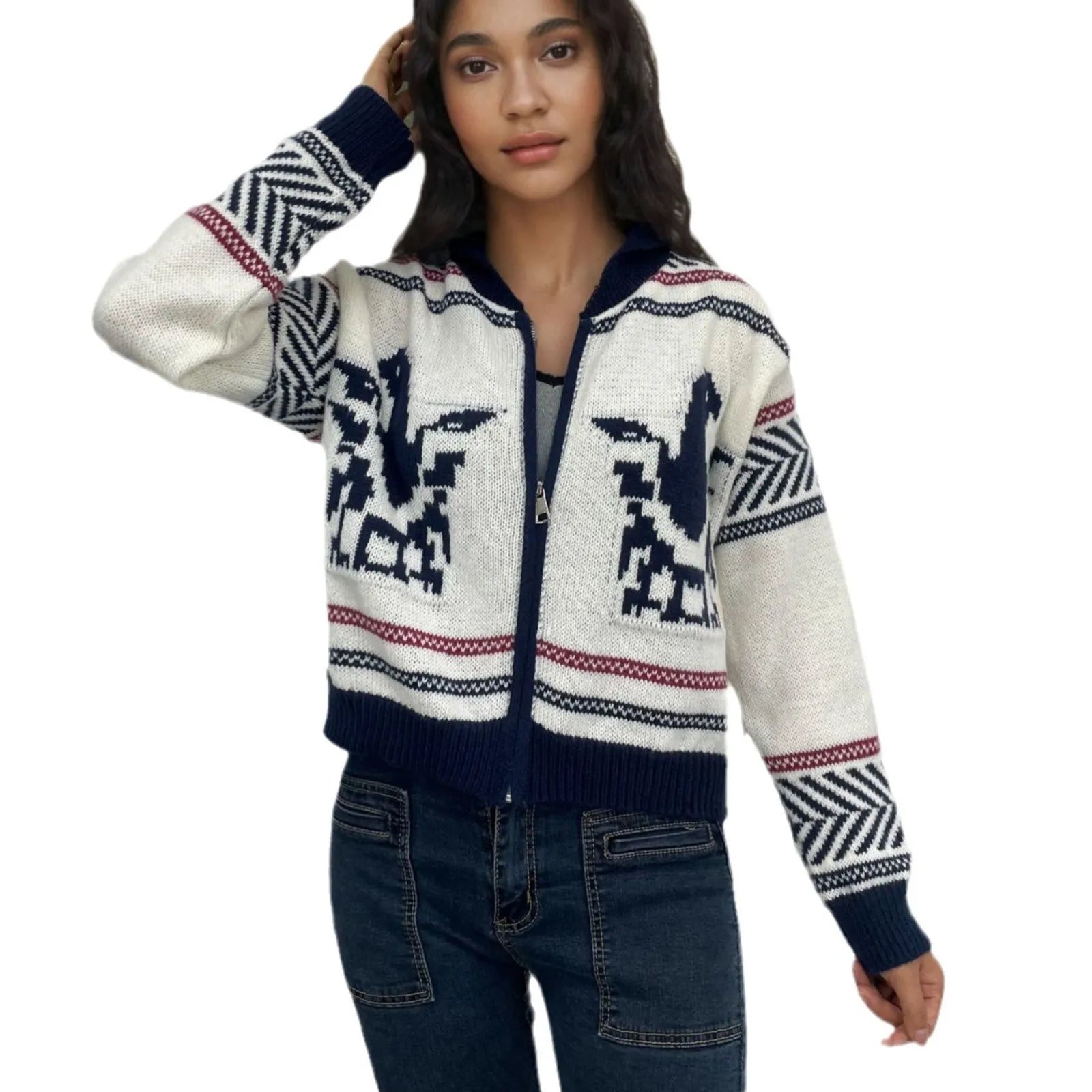 White women's wool Jacquard cardigan with a contrast colour stripe pattern on the front.