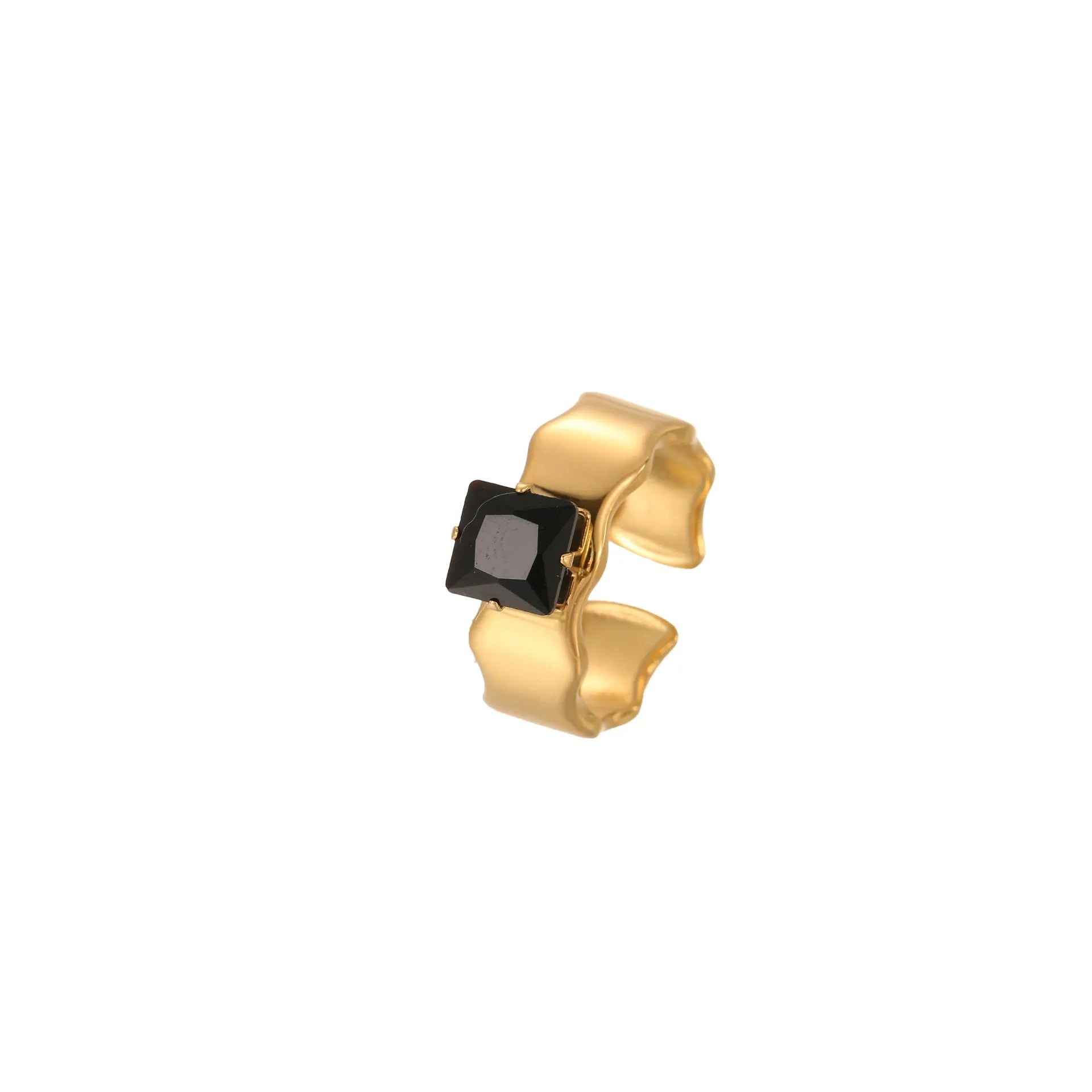 Adjustable open mouth titanium steel ring with geometric design and inlaid zircon accents