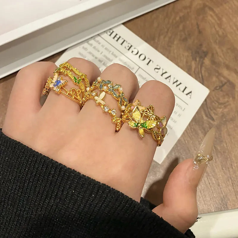Creative Chinese butterfly copper women's ring with dripping oil treatment in simple style