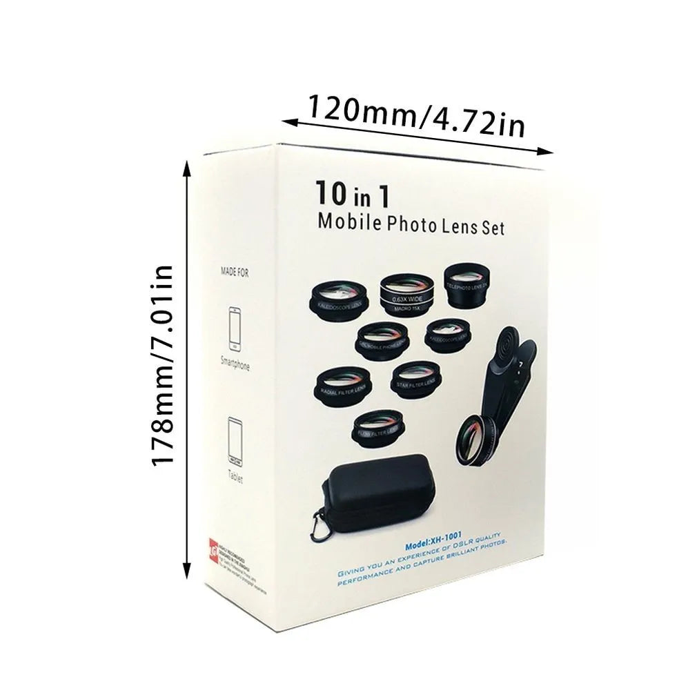 Black ten-in-one smartphone fisheye lens set with aluminium-magnesium alloy frame