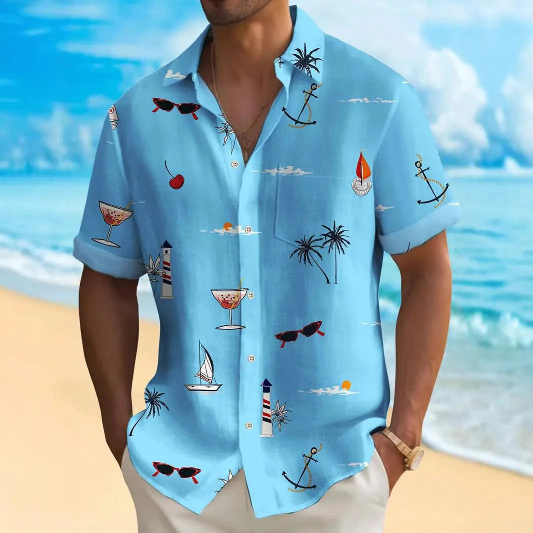 Men's loose fit short sleeve Hawaiian shirt with a colourful digital printed pattern.