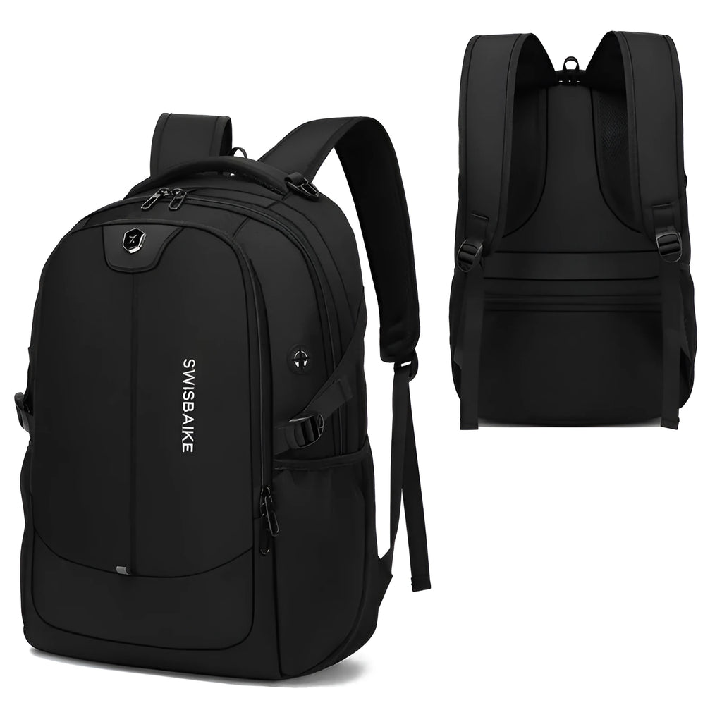 Outdoor men's casual sports backpack in black Oxford cloth with stitching detail and curved shoulder strap