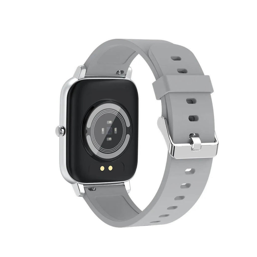 H80 black smartwatch on wrist showing heart rate and time on its 1.69-inch spherical glass screen.
