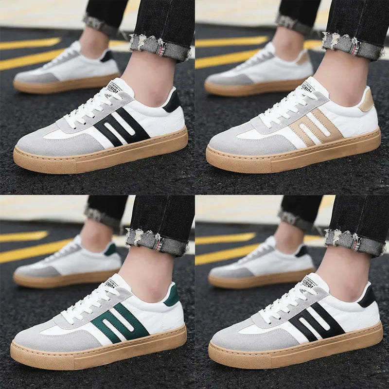 Men's cotton cloth casual sneakers board shoes round toe lace-up in white and black colour