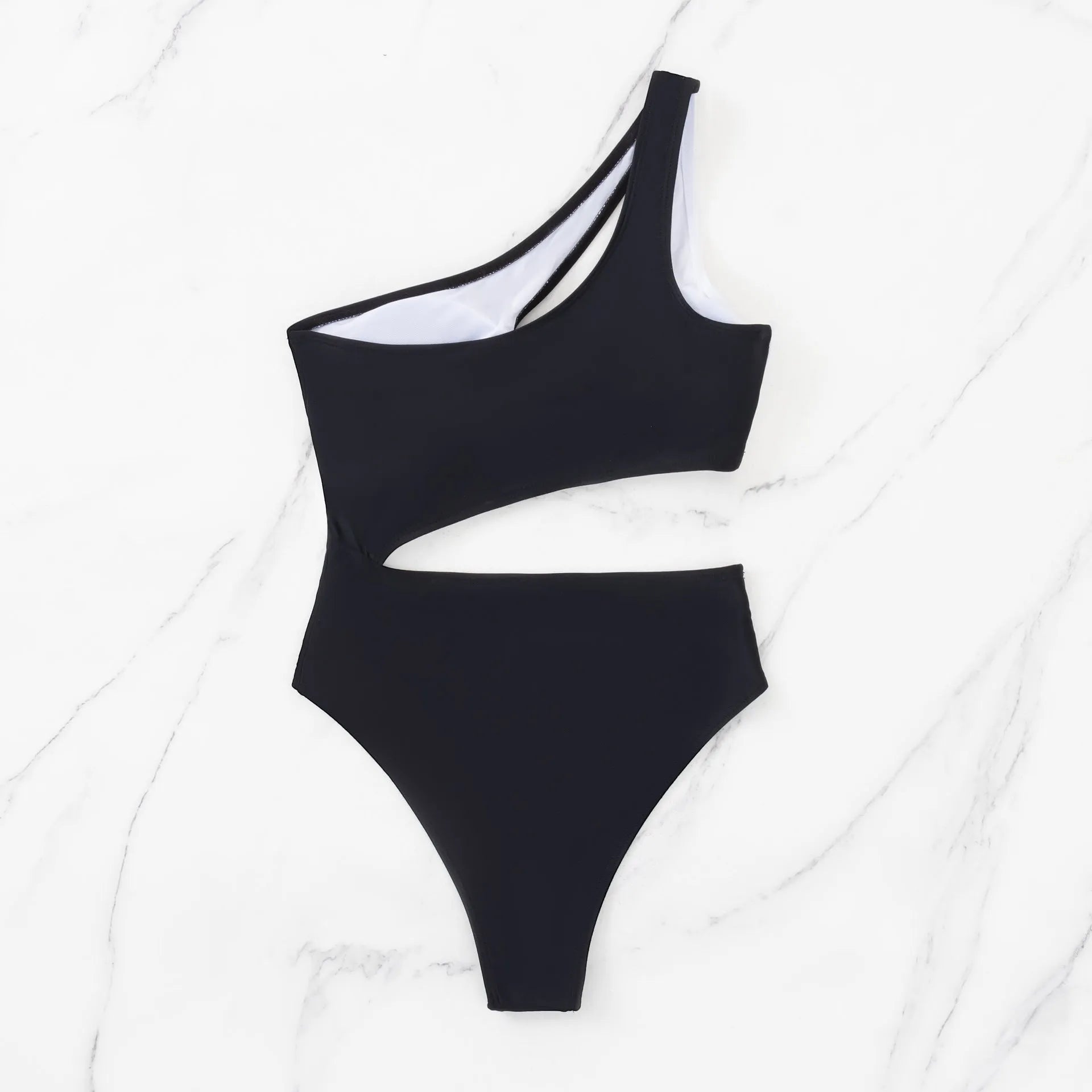 Black women's one-piece swimsuit with white contrast stitching and hollow detailing, sleeveless design.