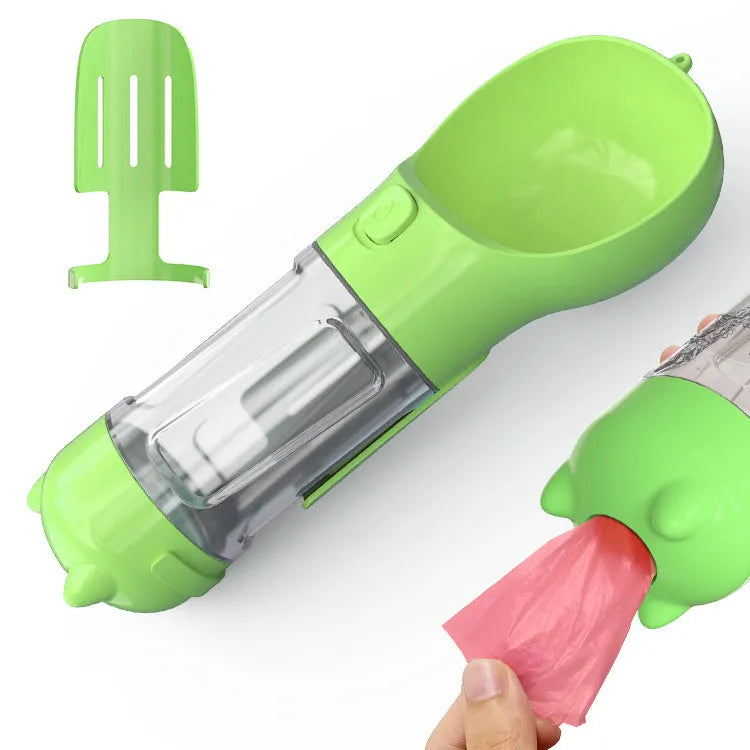 Portable 3-in-1 dog water bottle with poop dispenser and treat holder, 300ml capacity in aquamarine