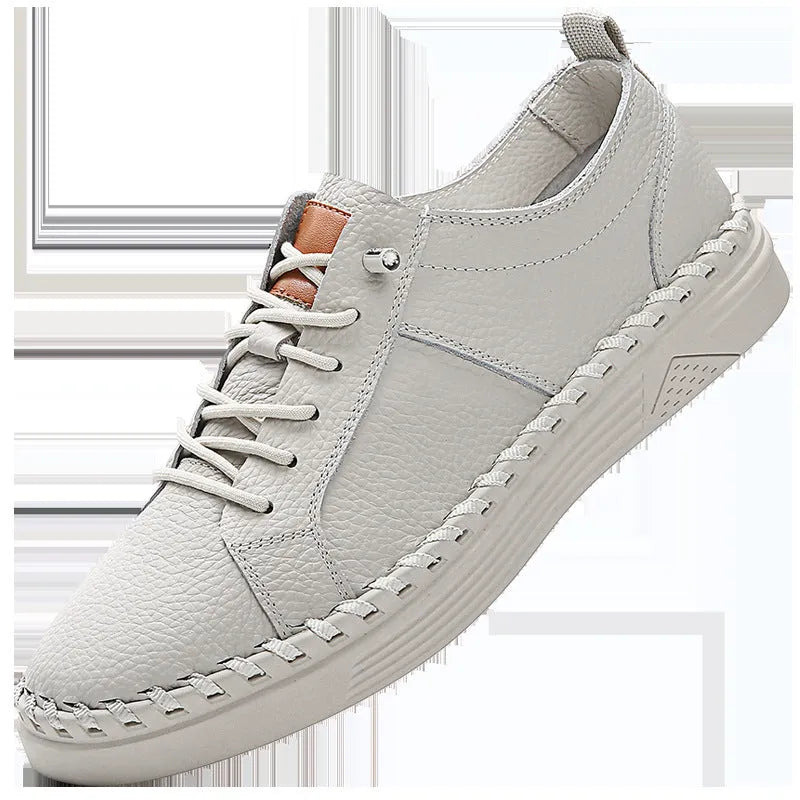 Men's beige cowhide sneakers with mesh lining and stitching details