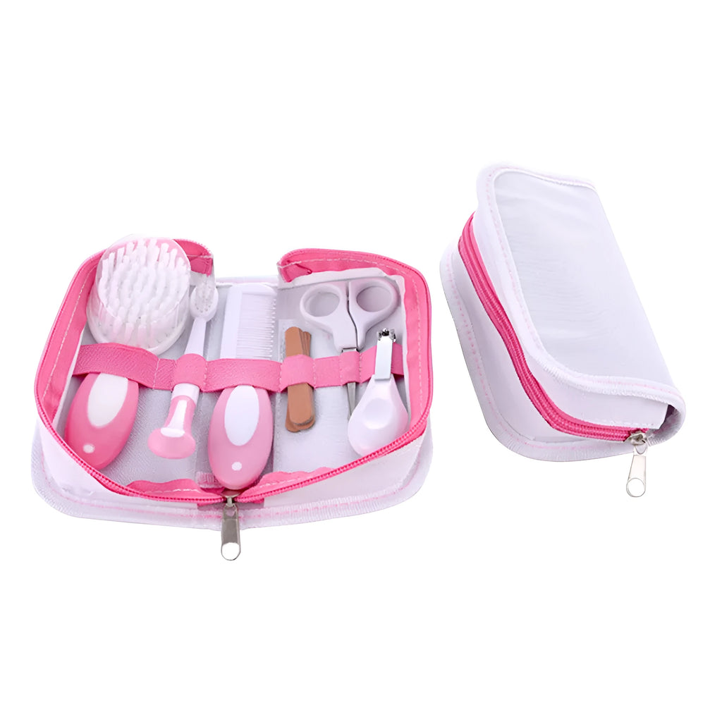 Crimson Cherry Pink case open to reveal a 6-piece baby nail comb and grooming care set.