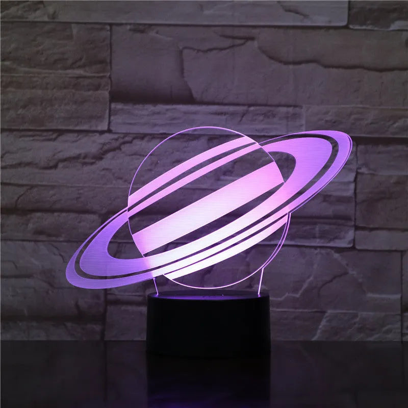 Nine planets 3D acrylic small night light with touch switch and remote control showing seven colour options on a black base