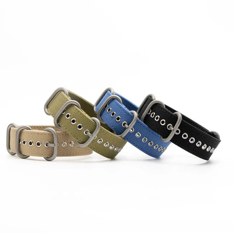 Canvas nylon thickened watch band in army green with silver buckle, 18mm to 26mm sizes available