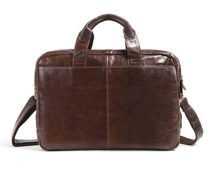 Brown leather business briefcase with pattern finish, 18-inch size for laptops and documents