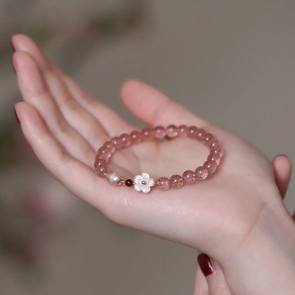 Strawberry quartz peach blossom floral charm crystal bracelet for women.