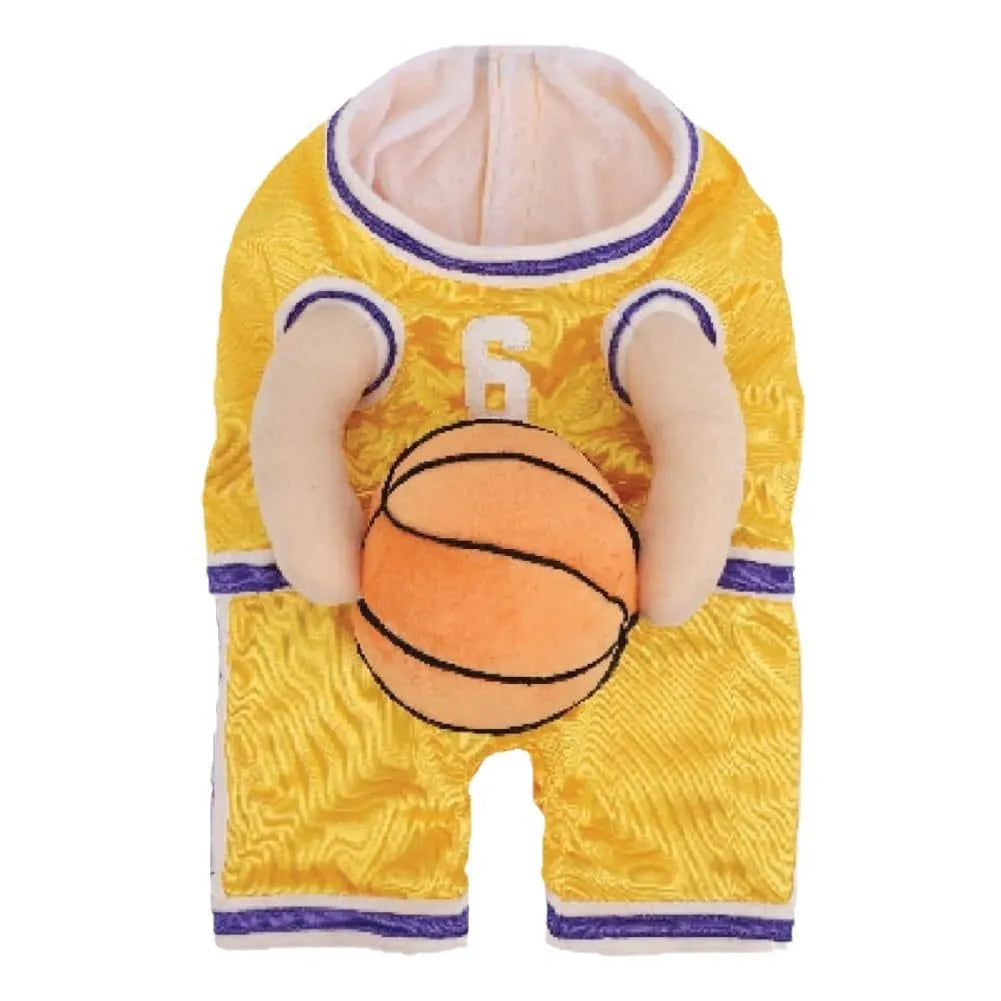 Red dog wearing a basketball costume with a matching basketball accessory.