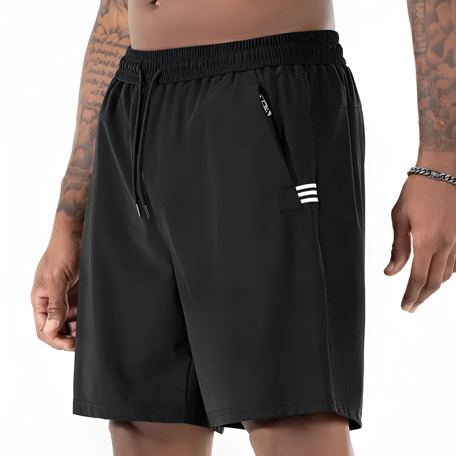 Men's black Ice Silk quick-drying sports shorts with a drawstring high waist on a hanger.