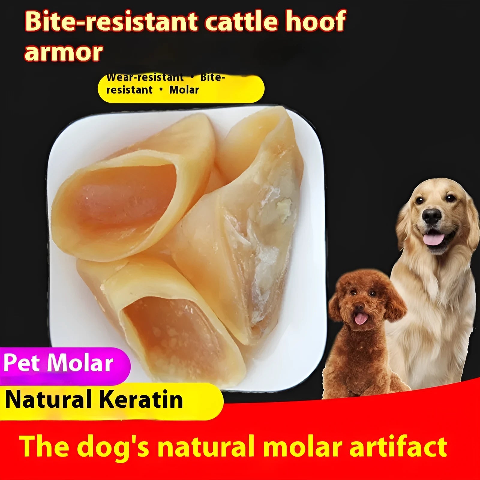 Natural cowhide dog chew rod in hoof shell colour, shown in small and large size options.