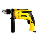 Black 710W electric impact drill with 13mm keyless chuck and variable speed trigger, on a white background