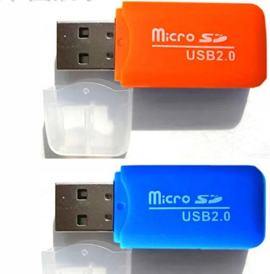 Mini USB TF and SD card reader showing USB-A plug and card slots, measuring 4.5cm.