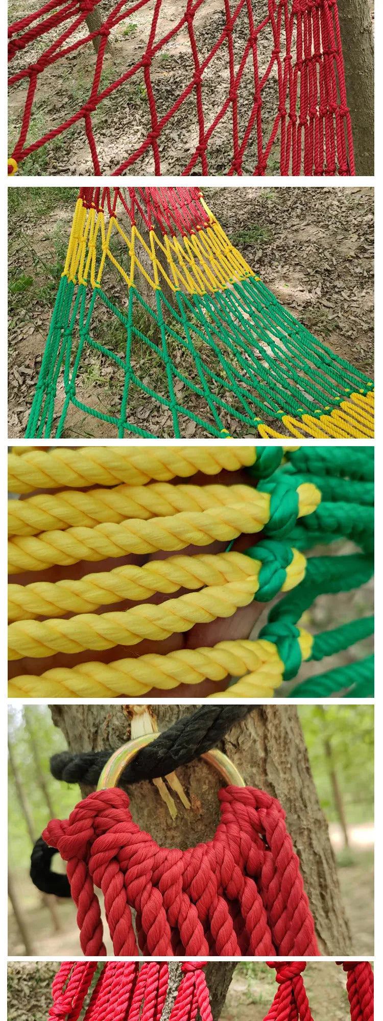 Nylon rope mesh outdoor hammock measuring 1.1m wide with tying components