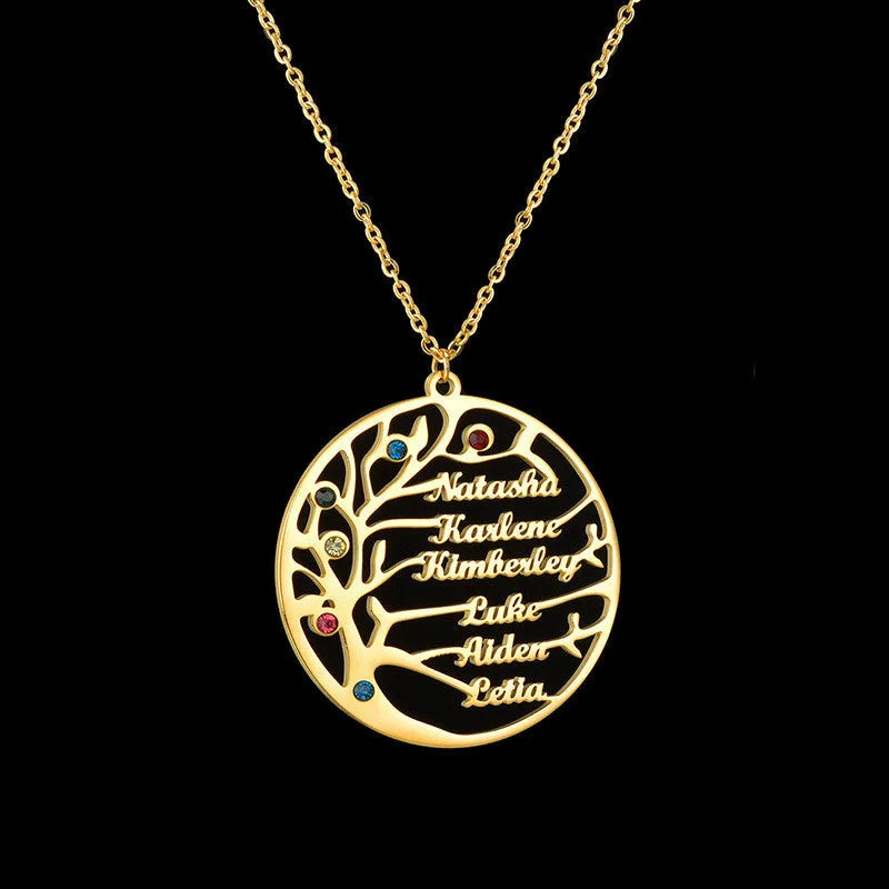 Personalised gold stainless steel Tree of Life necklace with custom name engraving on a white background