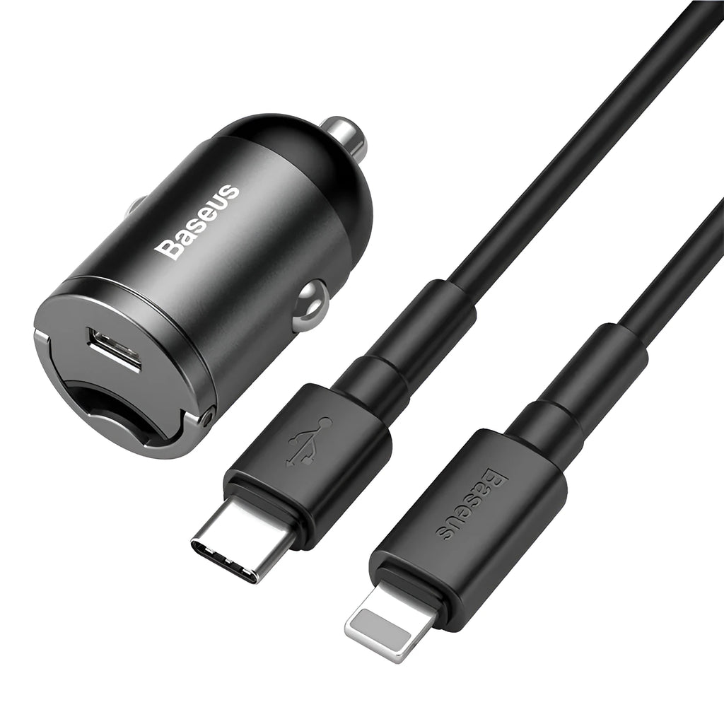 Baseus electro-optical grey 30W single USB car charger with 1 metre cable.