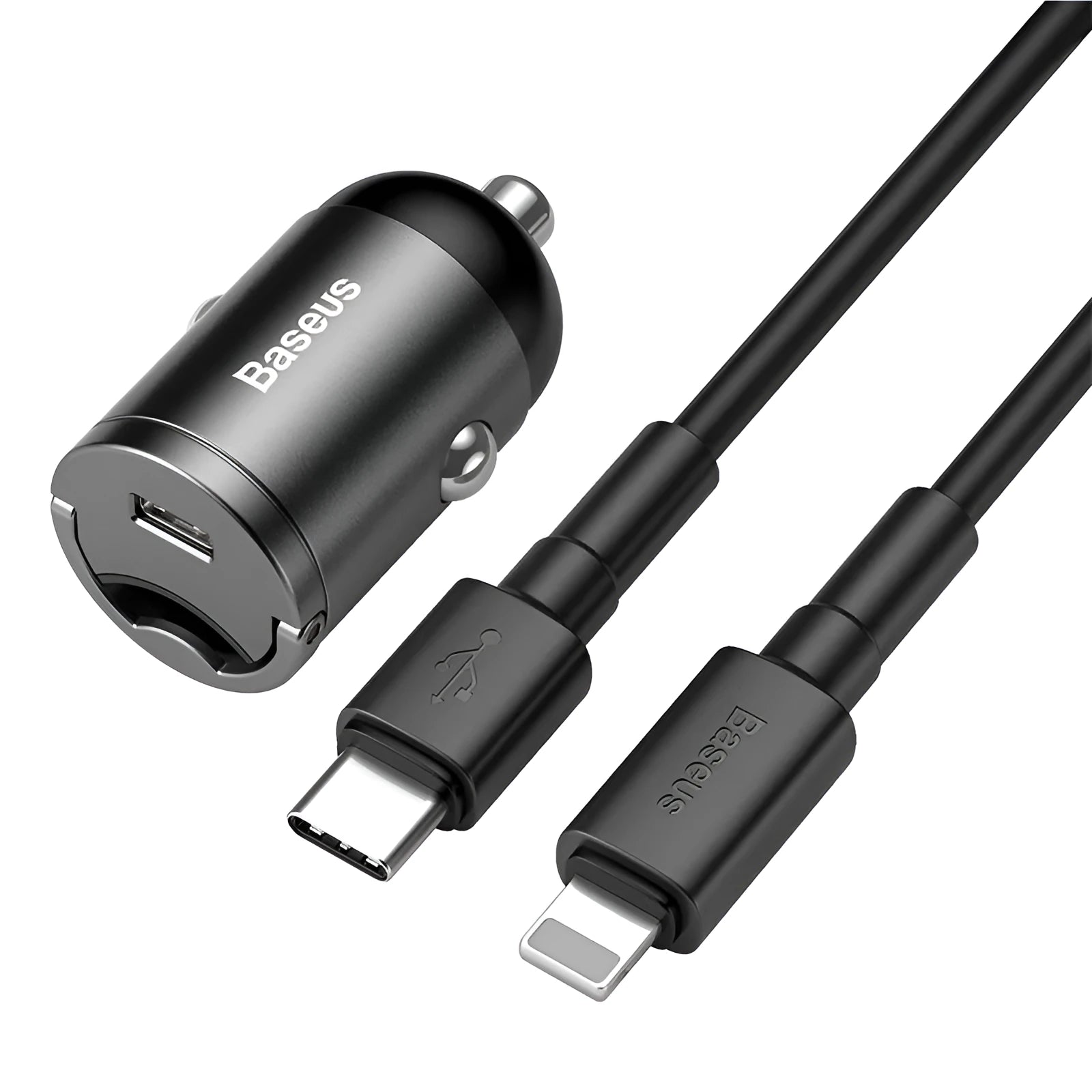 Baseus electro-optical grey 30W single USB car charger with 1 metre cable.