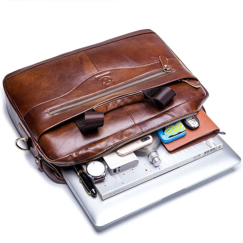 First layer cowhide leather messenger bag 14 inch multifunctional briefcase in black colour with printed casual style