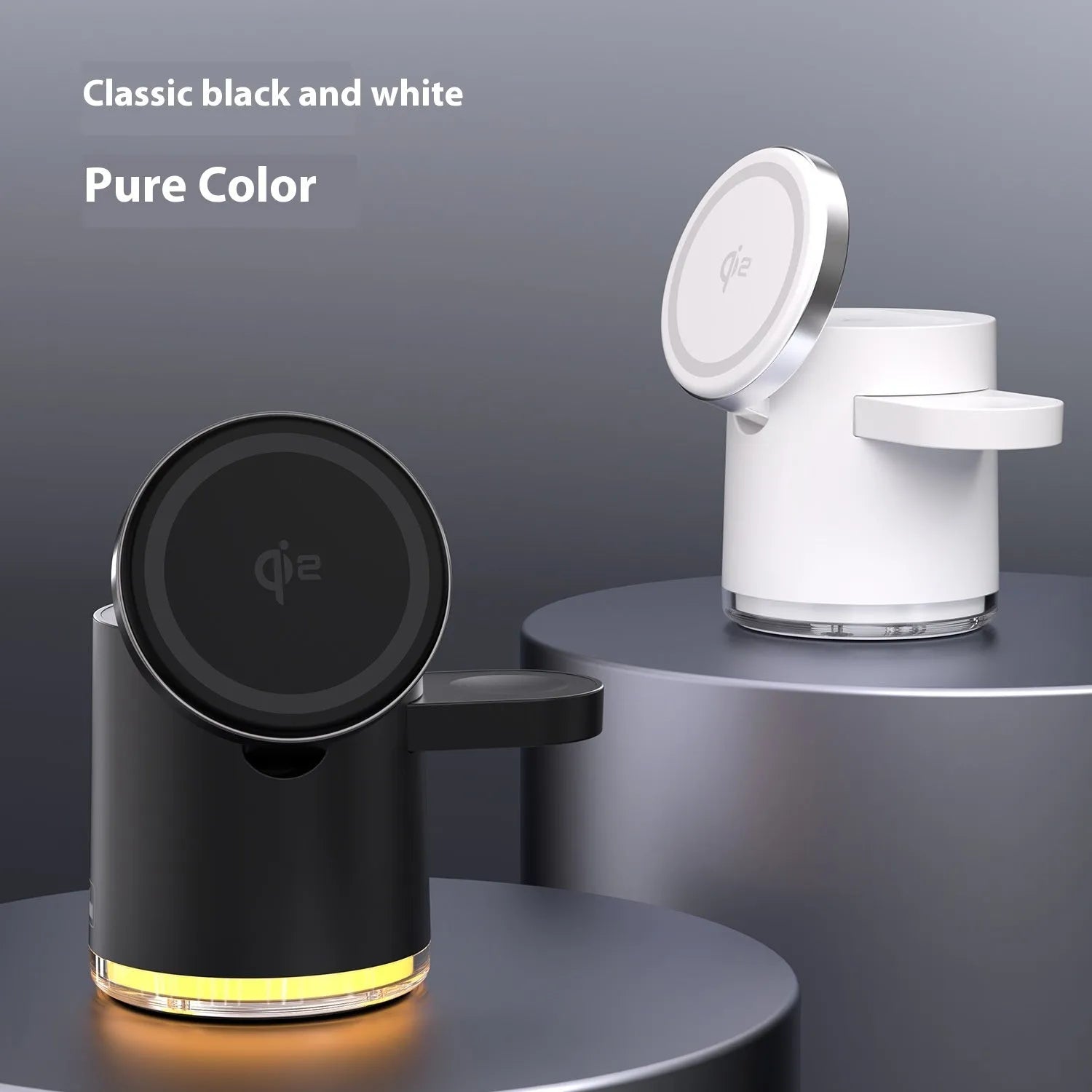 C16 portable magnetic folding three-in-one wireless charger in black or ivory white showing folded and unfolded positions