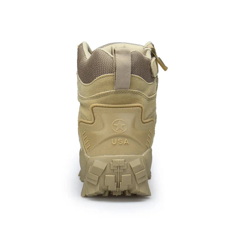 Men's black and sand US Army Delta Tactical Boots with a rubber sole on a rocky outdoor path.