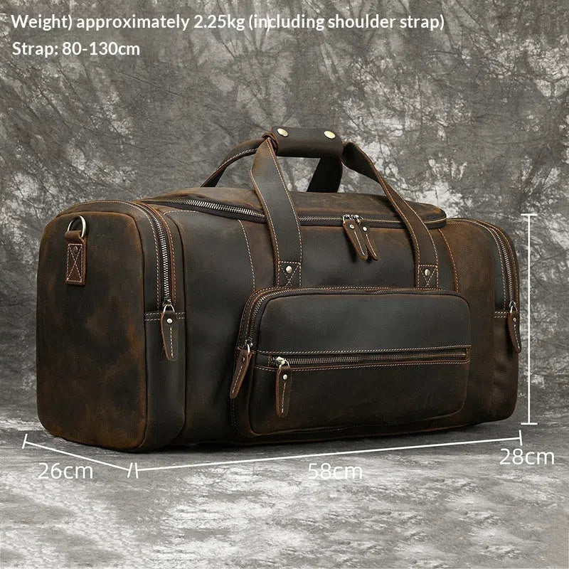 Men's full-grain cowhide leather crossbody bag in dark brown, with stitched seams and shoulder strap, 58cm size