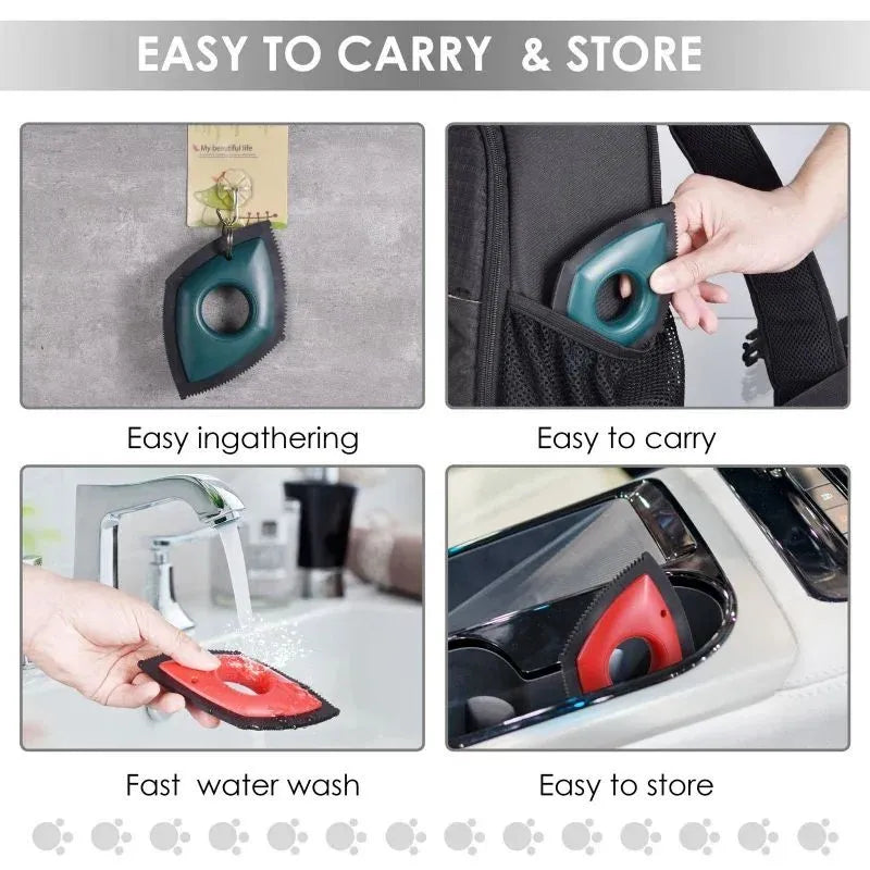 Handheld silicone pet hair removal brush in red on a carpet