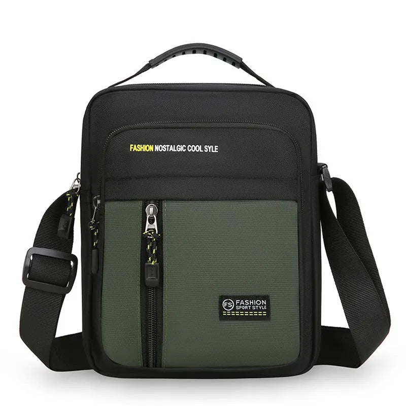 Men's casual nylon one shoulder messenger bag in green, gray, black, or blue colour with sewing thread details.