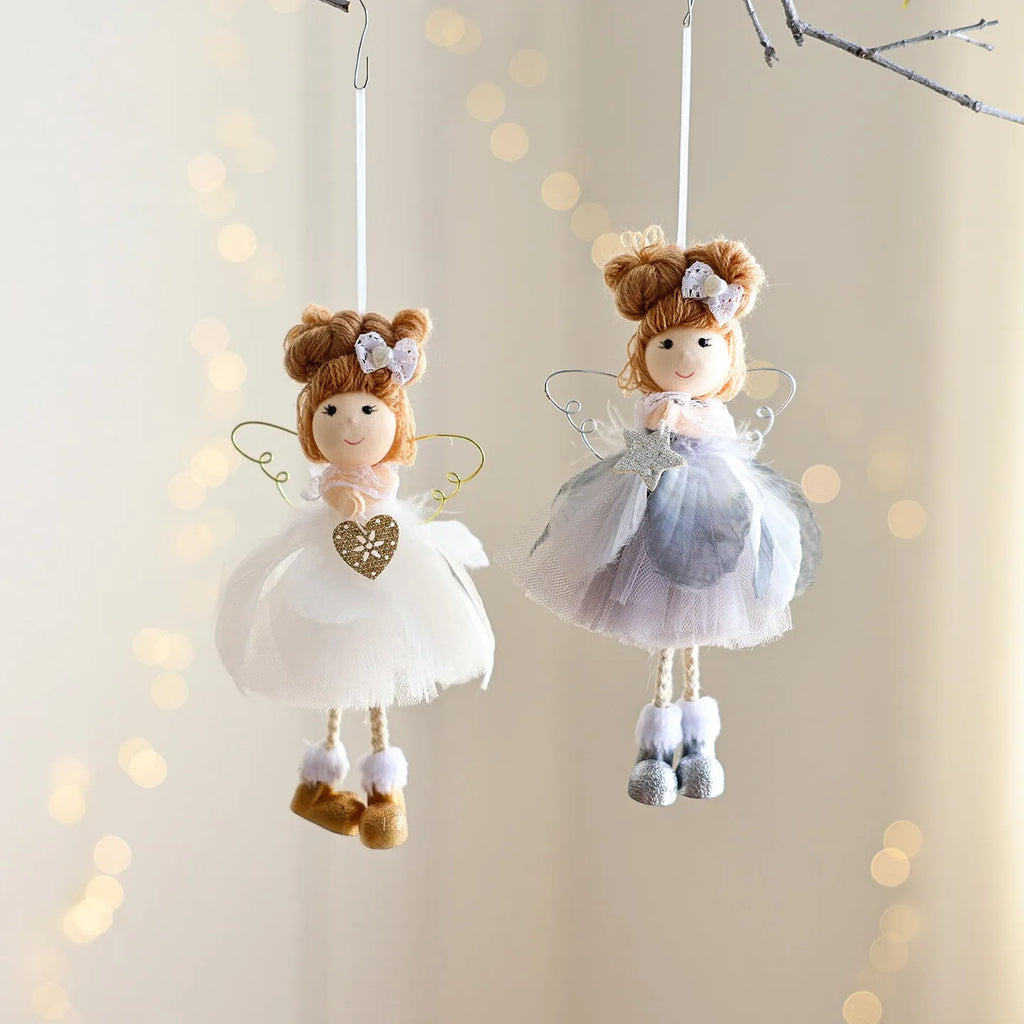 White Christmas tree angel girl hanging ornament with snowflake design and mixed material construction