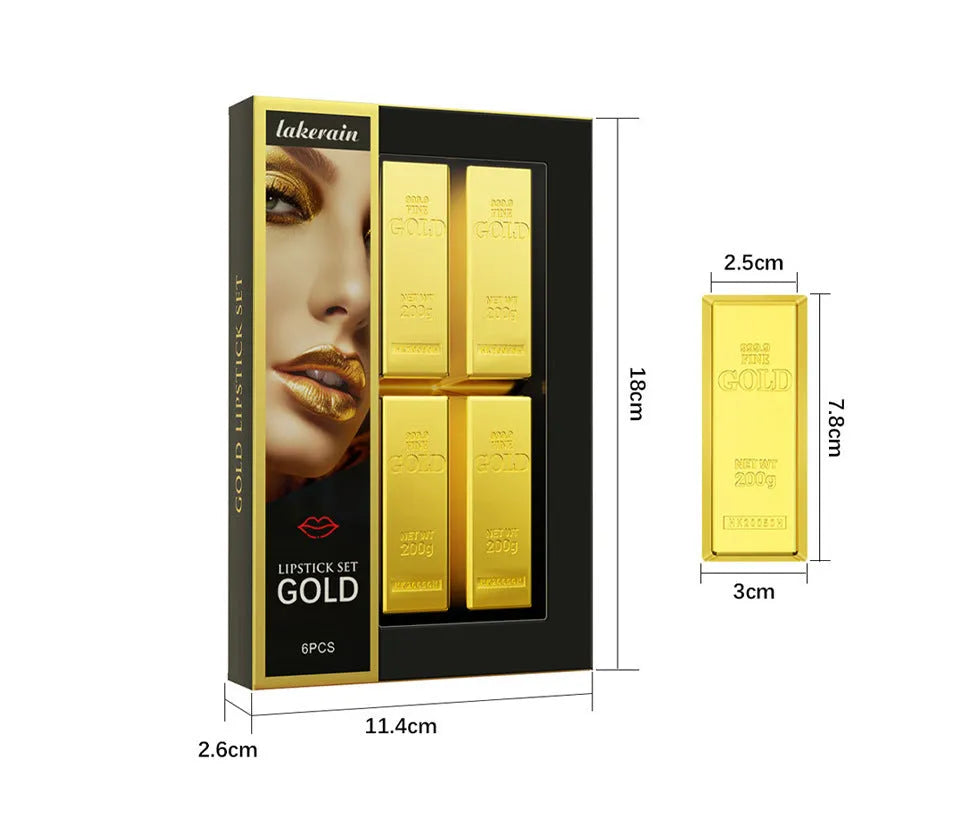 Gold brick tube design lipstick kit with 6 colour lipsticks in a set