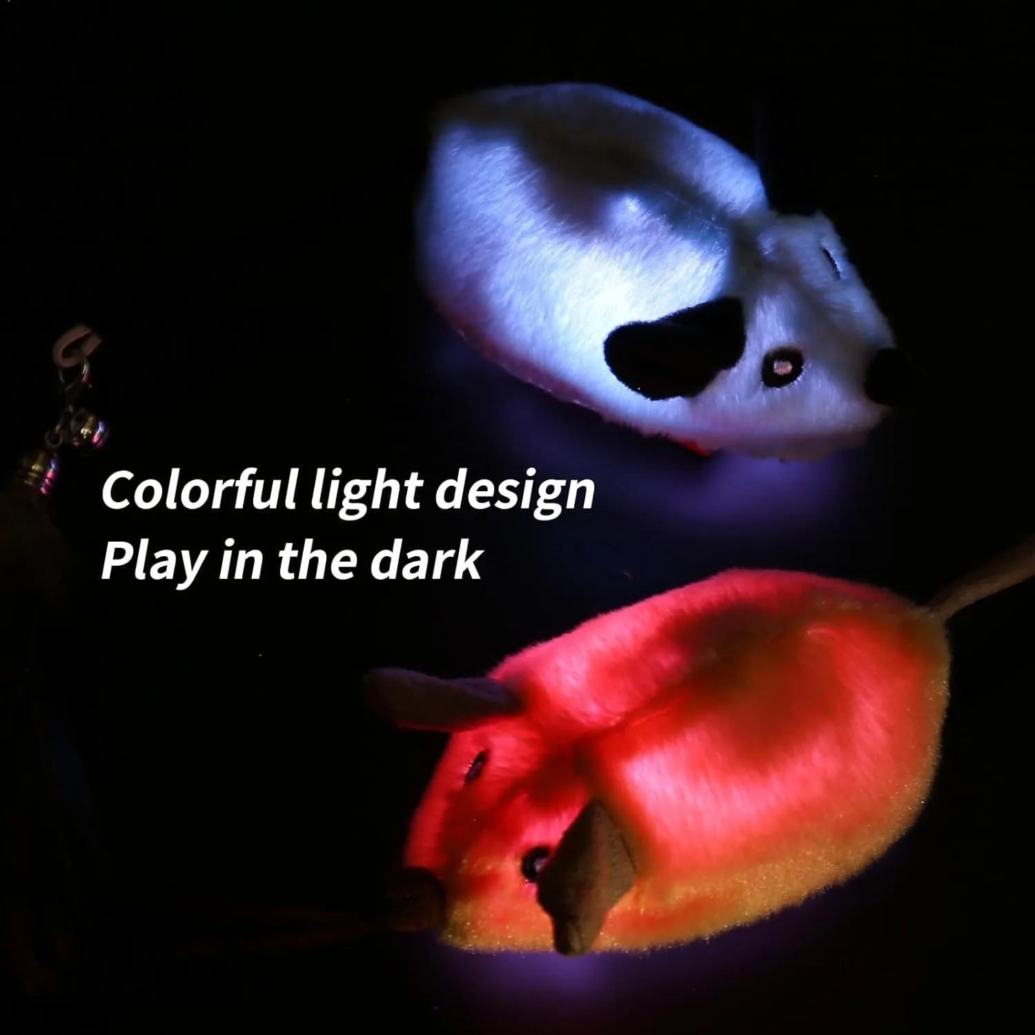 Grey and yellow plush electronic cat toy mouse with feather tail and LED lights