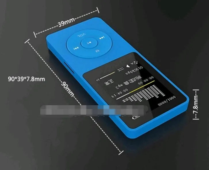 Slim Black MP4 player with a 1.8-inch colour screen showing a music playlist interface.