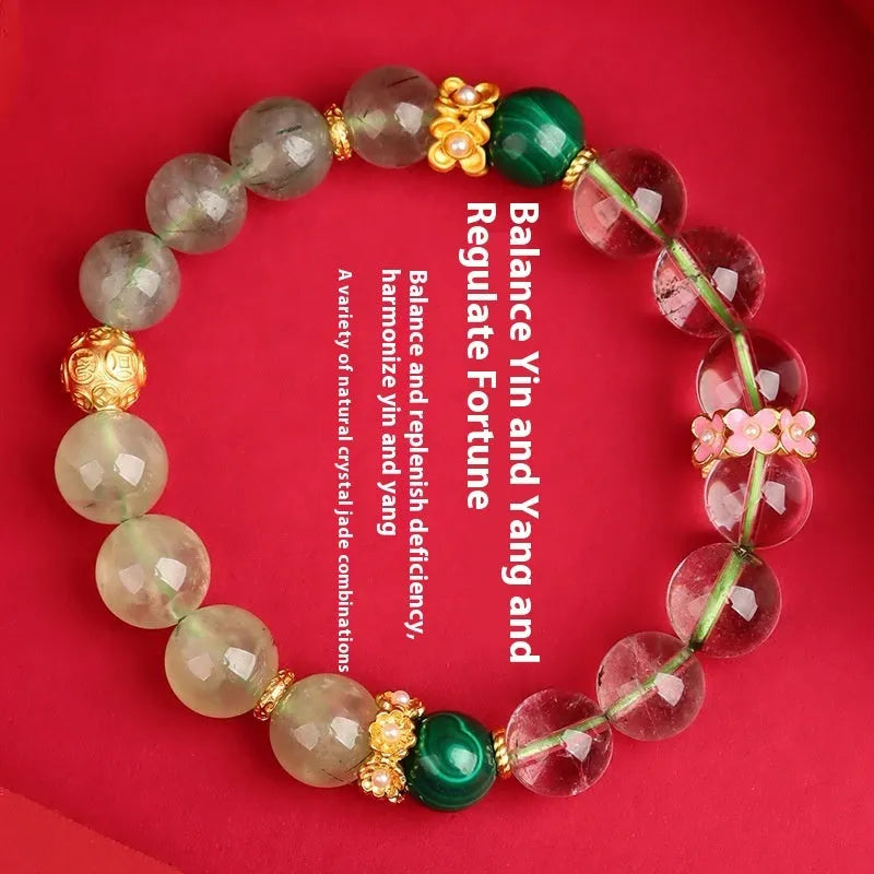 Natural crystal duobao five elements bracelet with round beads, unisex casual style, five colour options
