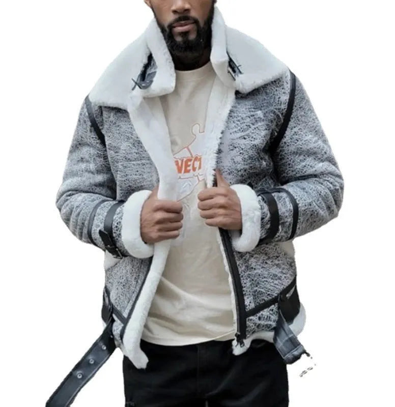 Men's grey polyester jacket with big fur collar, plus velvet thickening, loose fit, lapel collar and zip placket