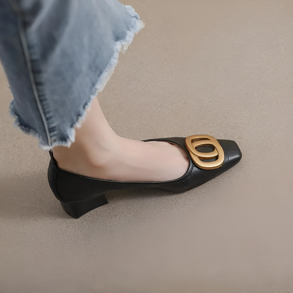 Women's square toe chunky heel work pumps in black microfiber with rubber sole